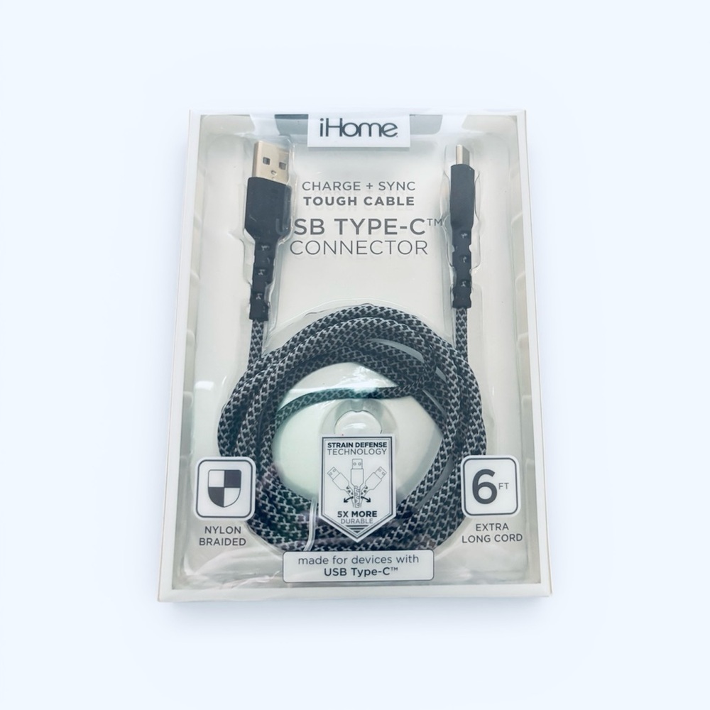 NWT iHome 6Ft Tough Cable USB Type-C Connector 5X More Durable.
